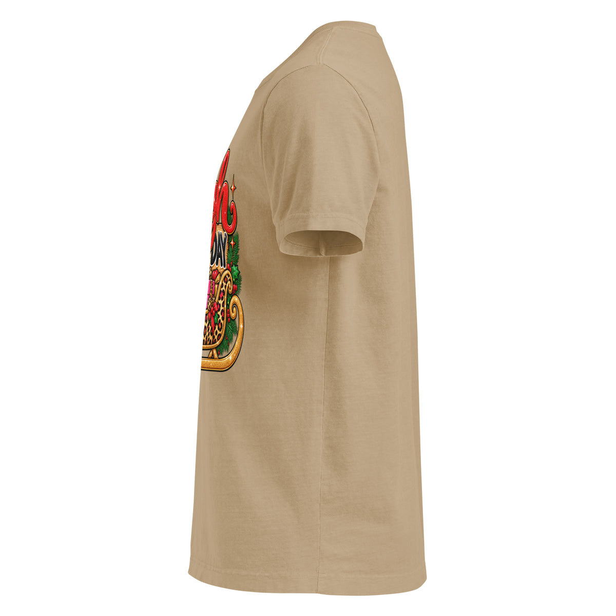 Sleigh All Day Christmas graphic T-shirt in khaki, left side view