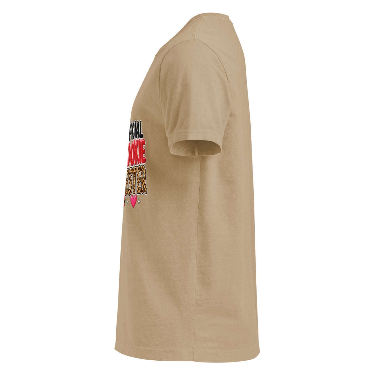 Official Cookie Tester graphic T-shirt in khaki, left-side view