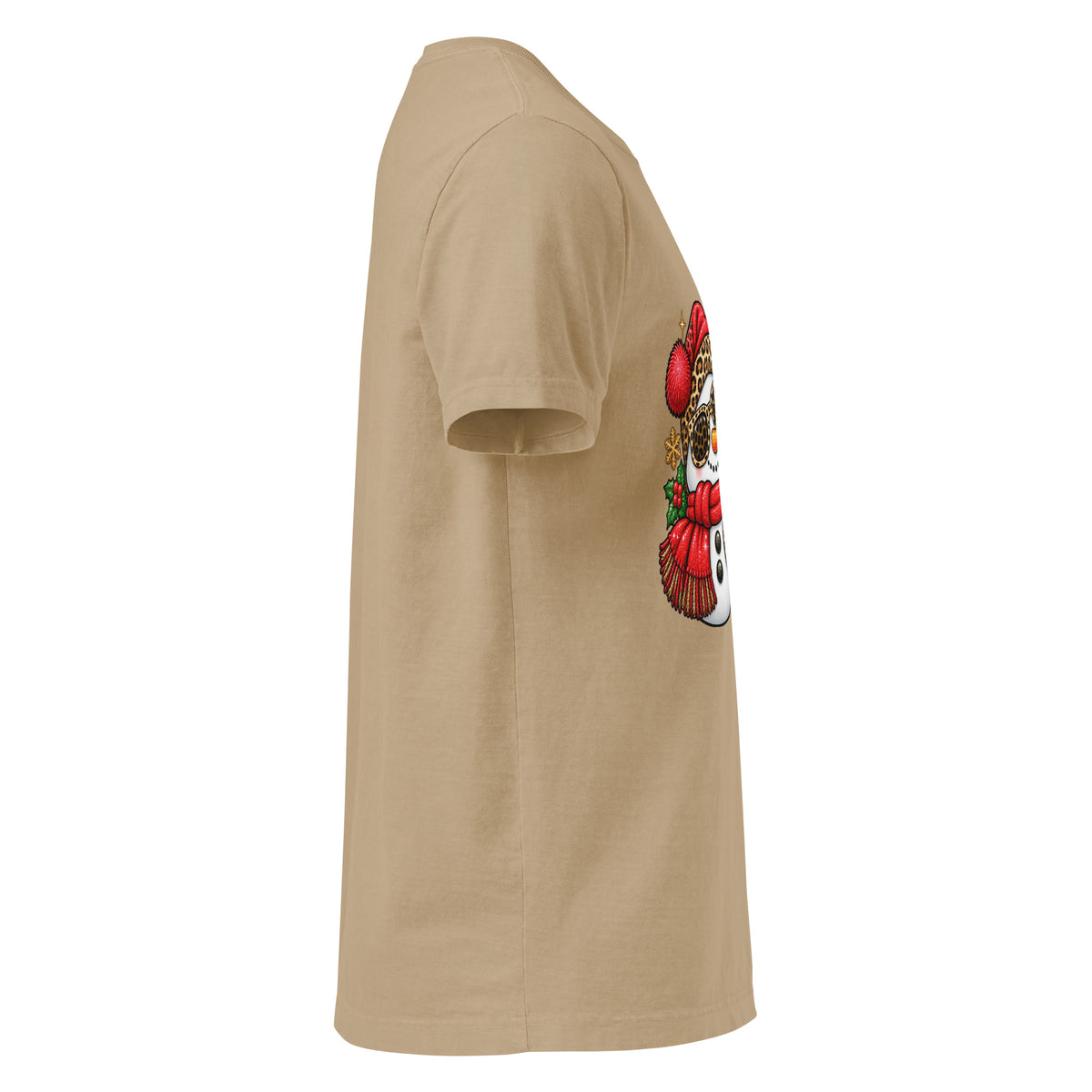 Too Jolly for This Jittery Christmas graphic T-shirt in khaki, right-side view.