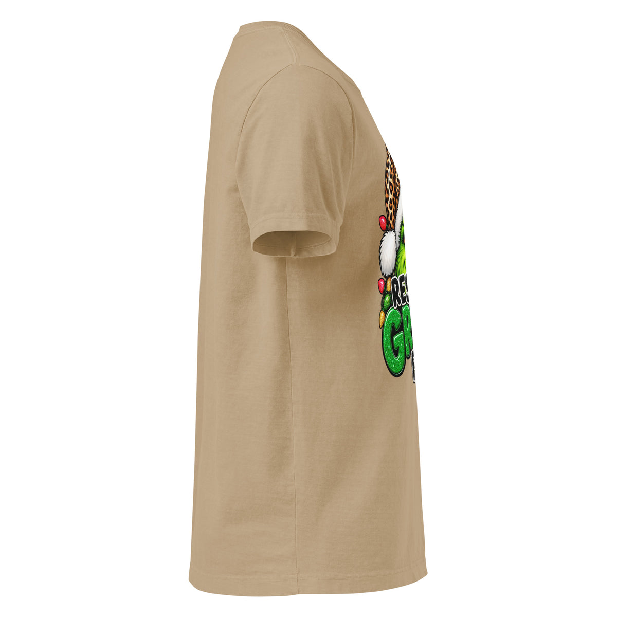 Resting Grinch Face Christmas graphic T-shirt in khaki, right-side view.