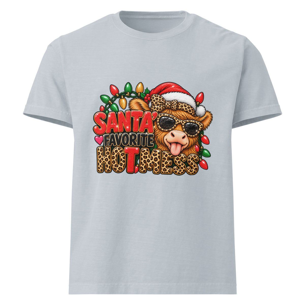 Santa’s Favorite Hot Mess Christmas graphic T-shirt in light washed denim, front view.