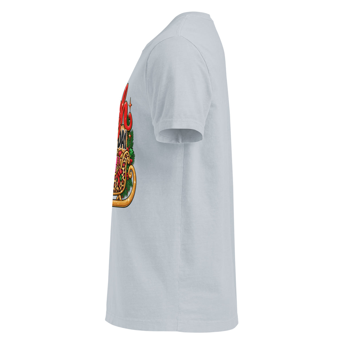 Sleigh All Day Christmas graphic T-shirt in light washed denim, left side view