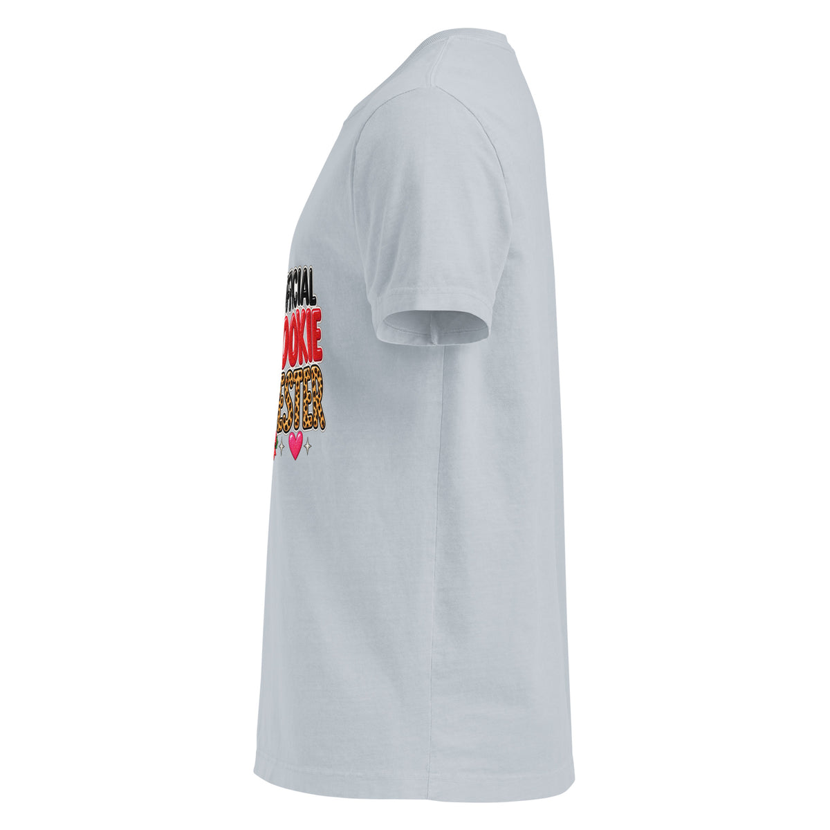 Official Cookie Tester graphic T-shirt in light washed denim, left-side view