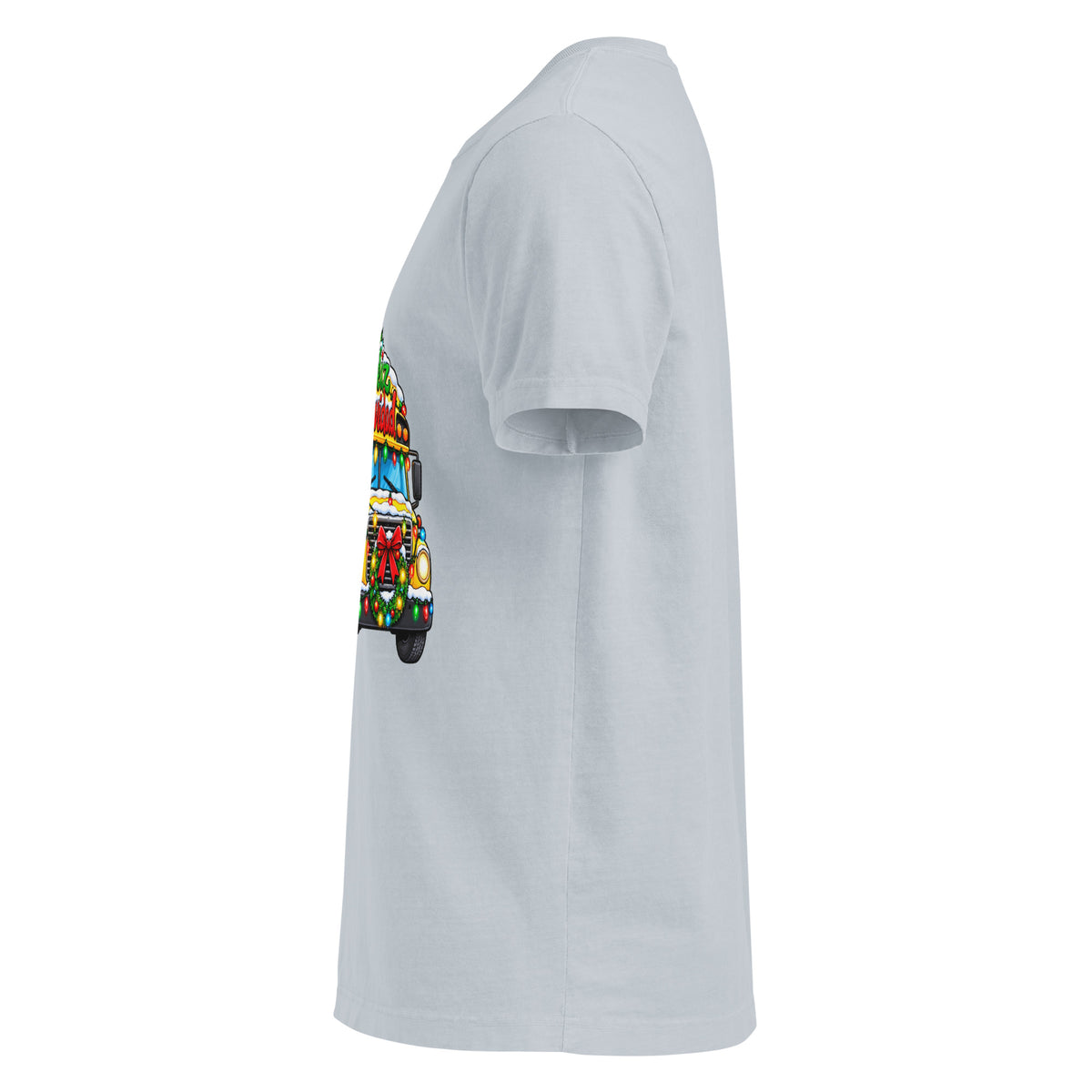 Unisex oversized heavyweight cotton T-shirt in light washed denim, left-side view.