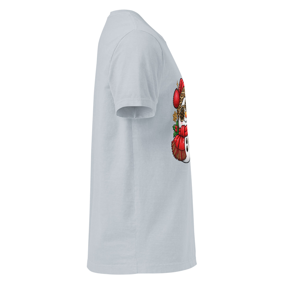 Too Jolly for This Jittery Christmas graphic T-shirt in light washed denim, right-side view.