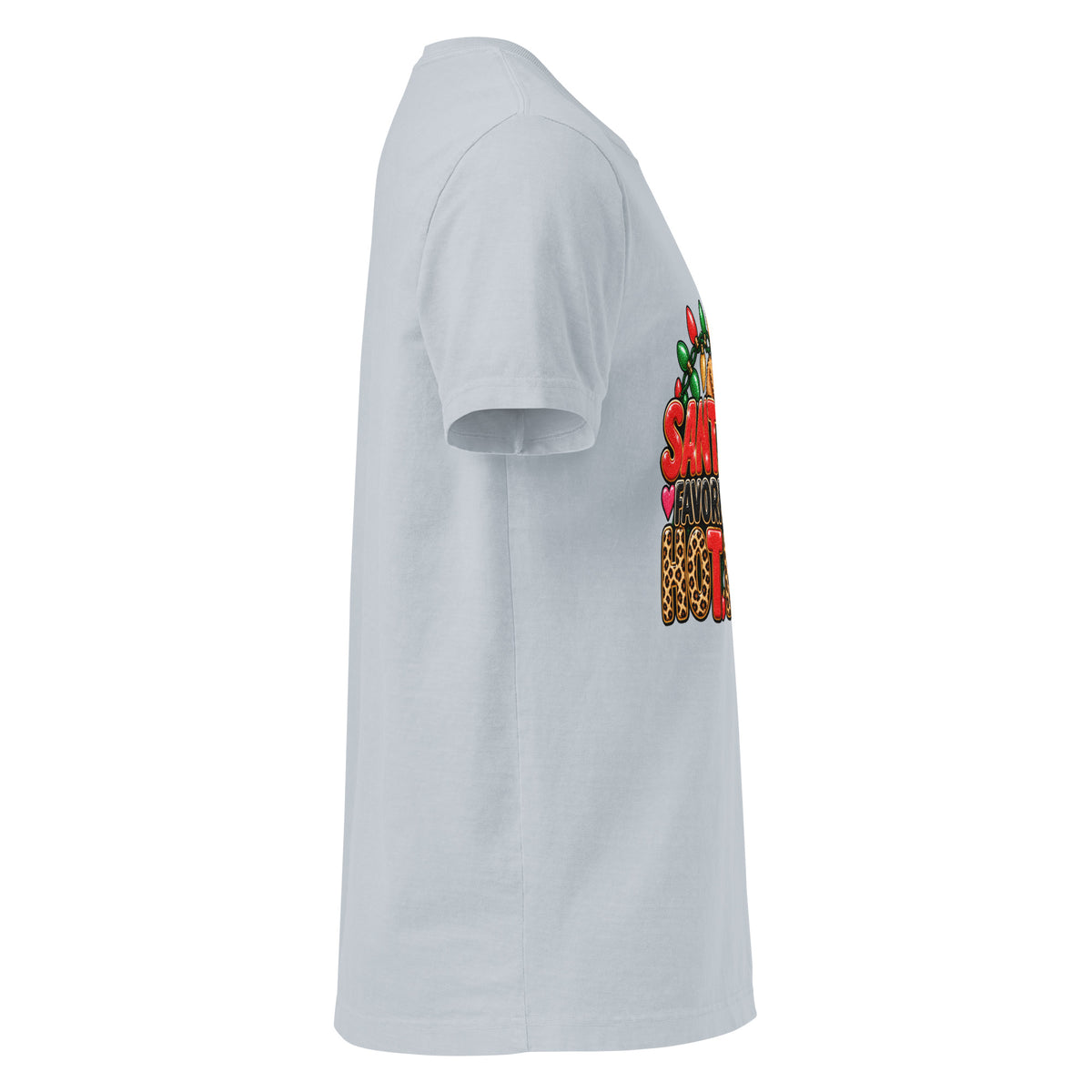 Santa’s Favorite Hot Mess Christmas graphic T-shirt in light washed denim, right-side view.