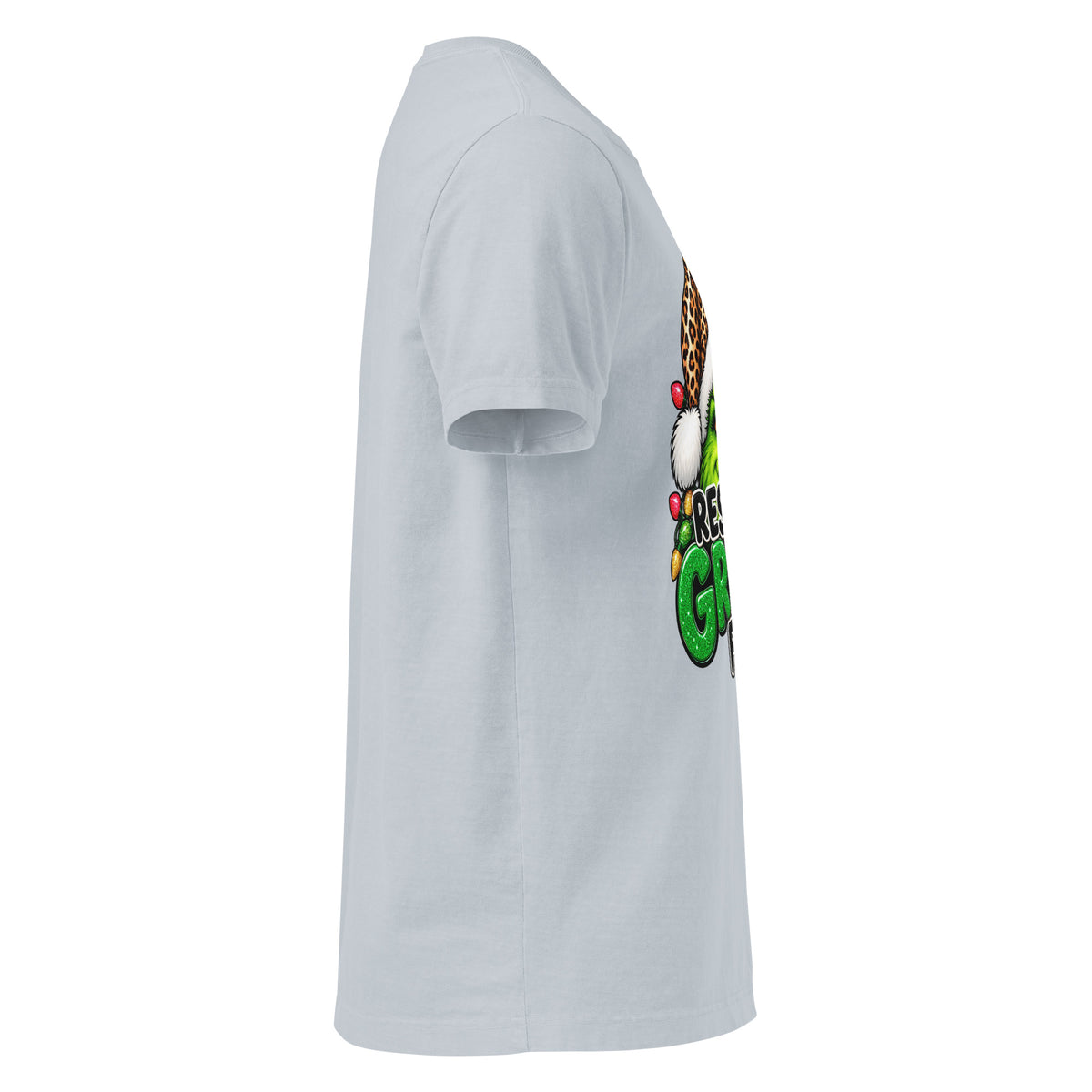 Resting Grinch Face Christmas graphic T-shirt in light washed denim, right-side view.
