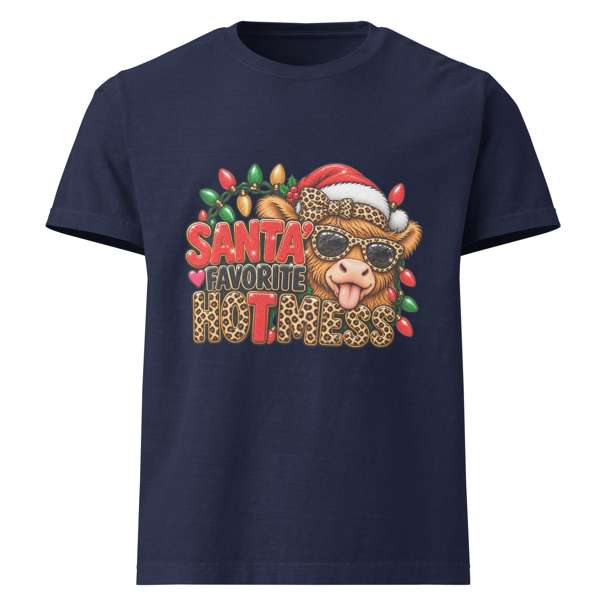 Santa’s Favorite Hot Mess Christmas graphic T-shirt in navy, front view.