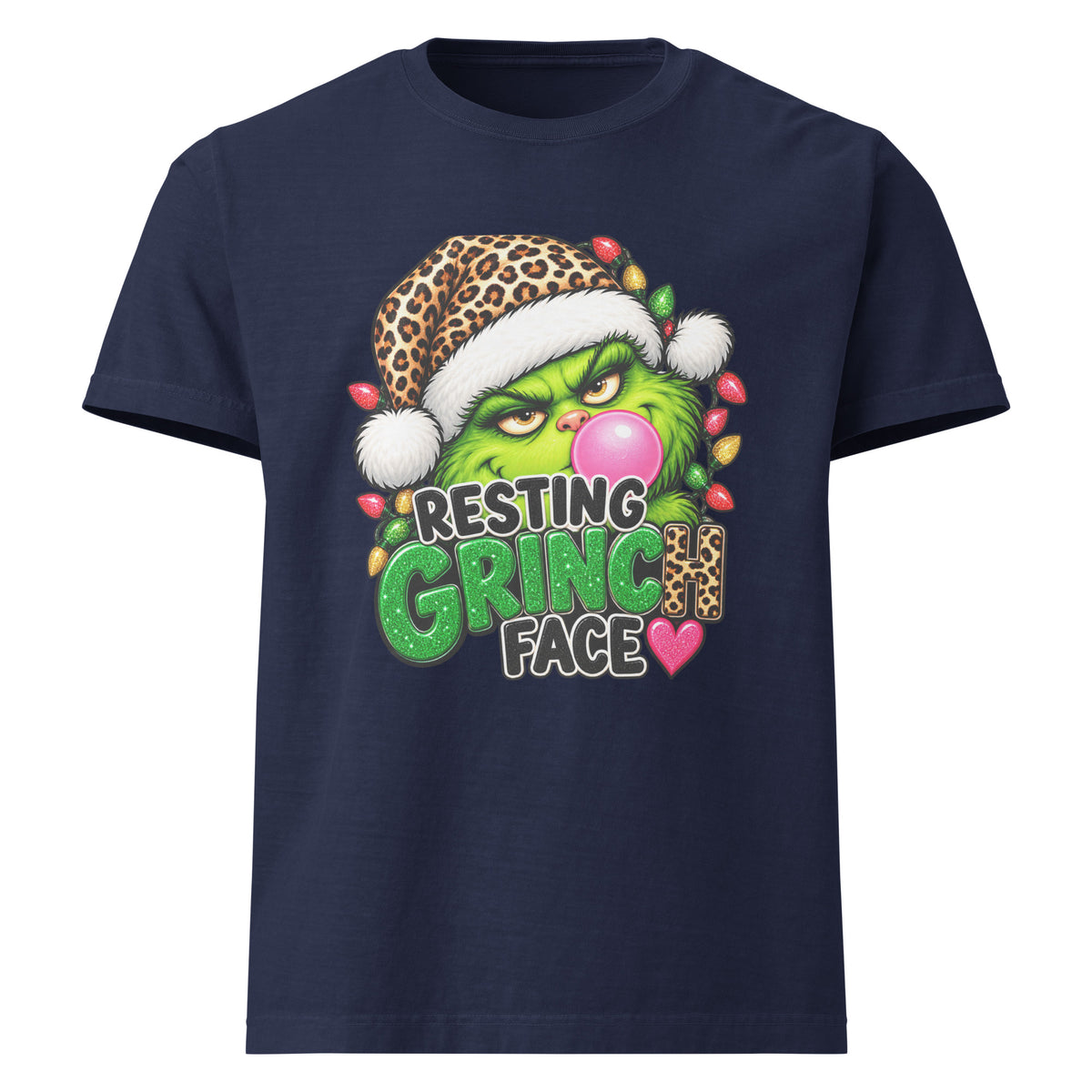 Resting Grinch Face Christmas graphic T-shirt in navy, front view.