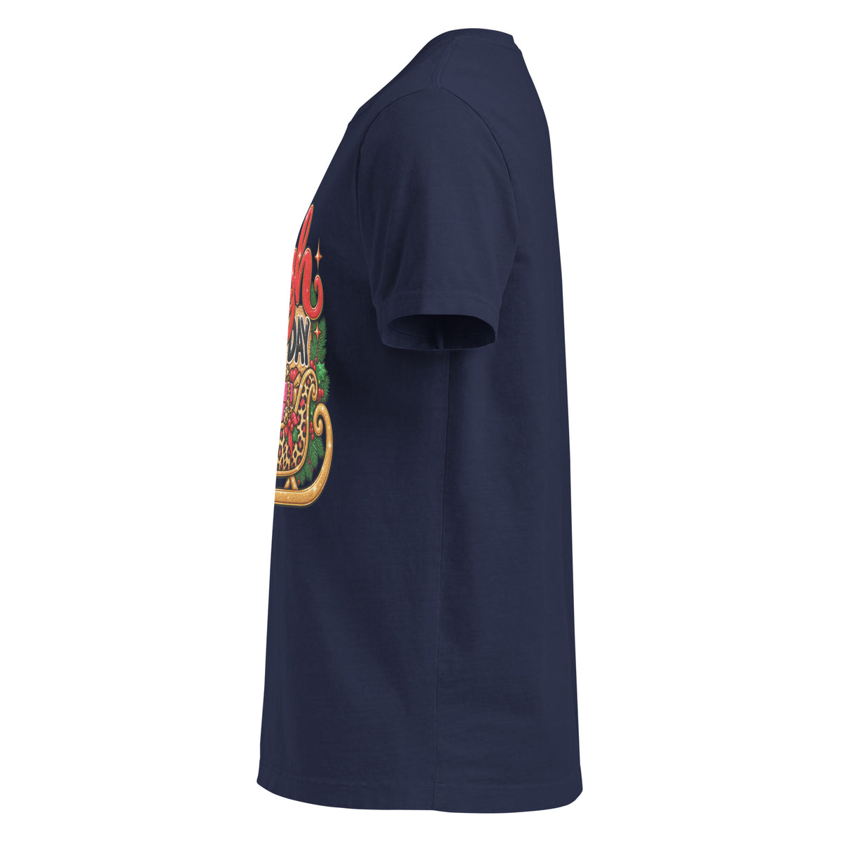 Sleigh All Day Christmas graphic T-shirt in navy, left side view