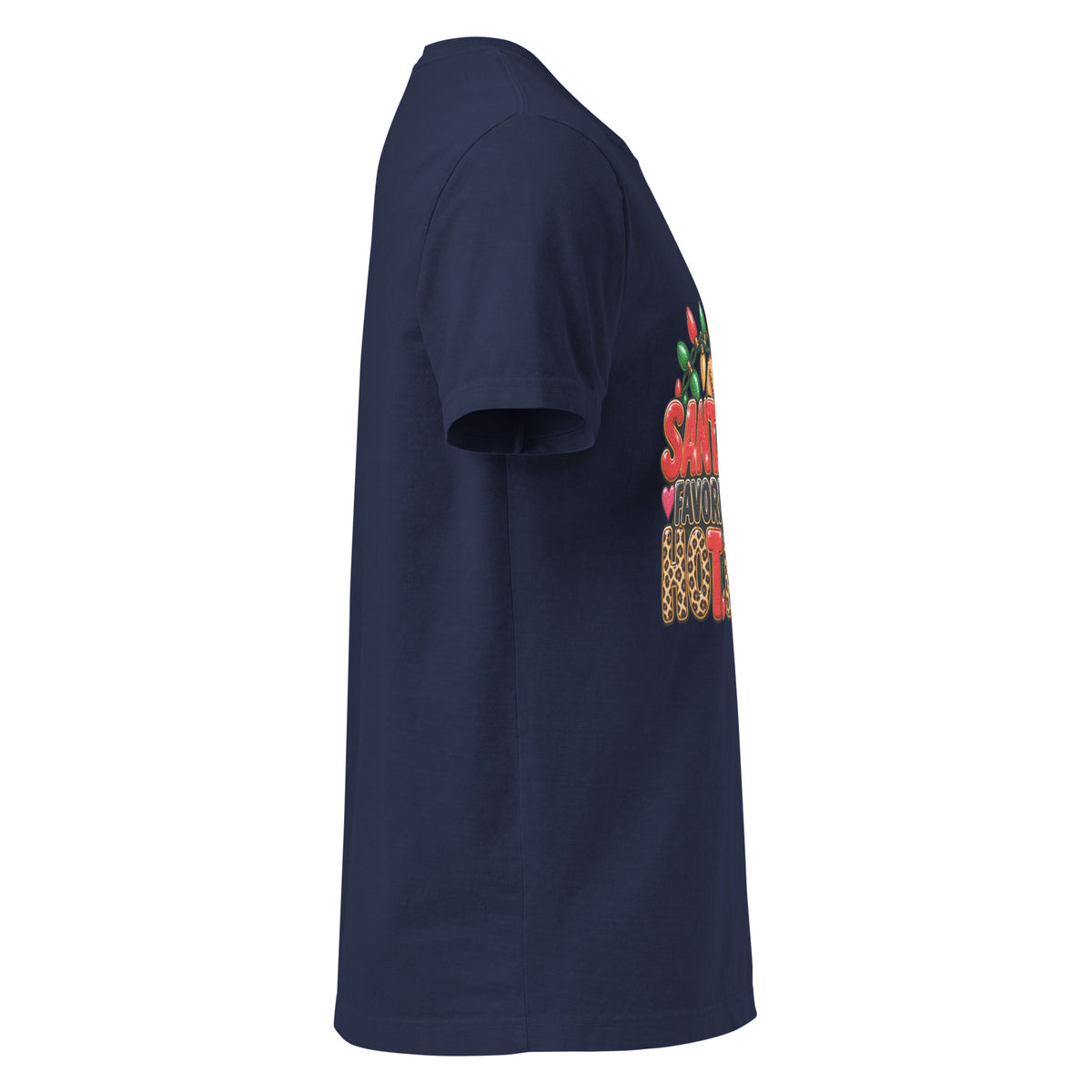 Santa’s Favorite Hot Mess Christmas graphic T-shirt in navy, right-side view.