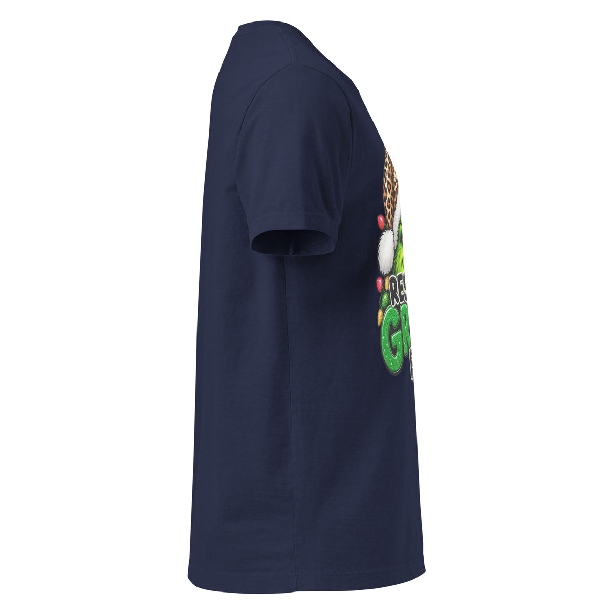 Resting Grinch Face Christmas graphic T-shirt in navy, right-side view.