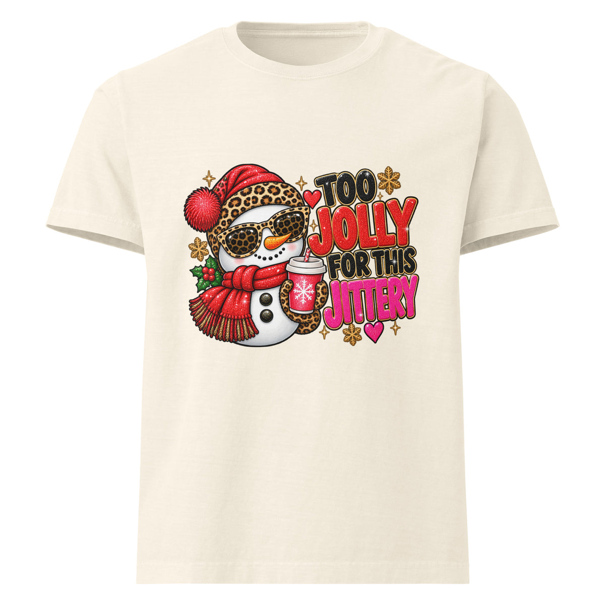 Too Jolly for This Jittery Christmas graphic T-shirt in vintage white, front view.