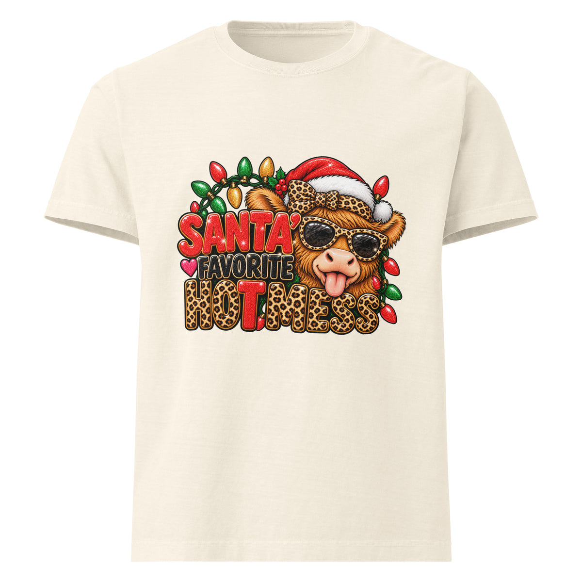 Santa’s Favorite Hot Mess Christmas graphic T-shirt in vintage white, front view.