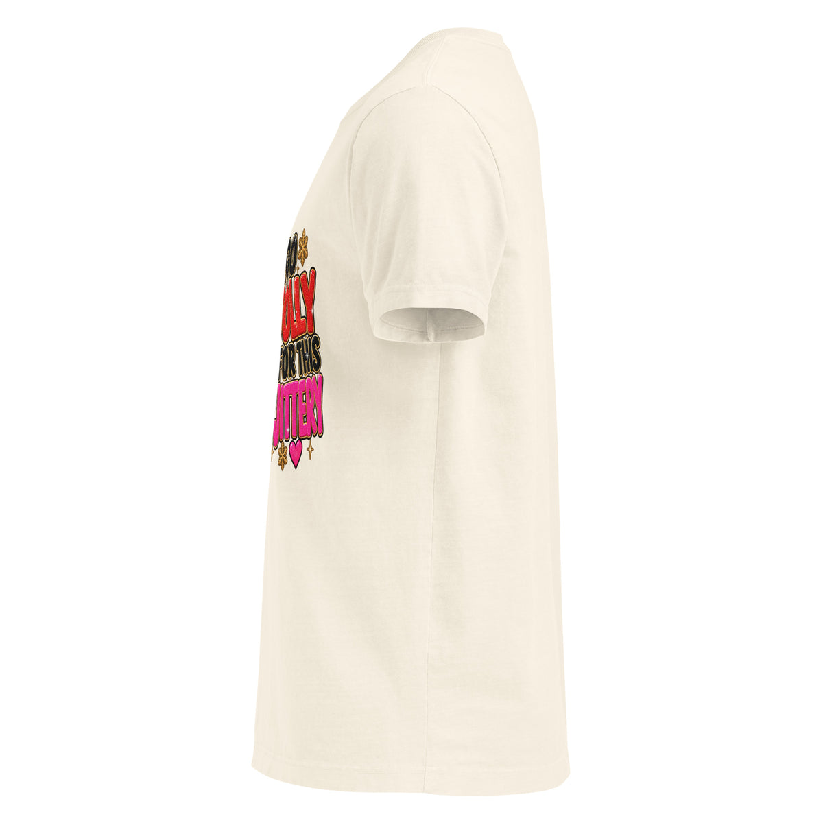 Too Jolly for This Jittery Christmas graphic T-shirt in vintage white, left-side view.