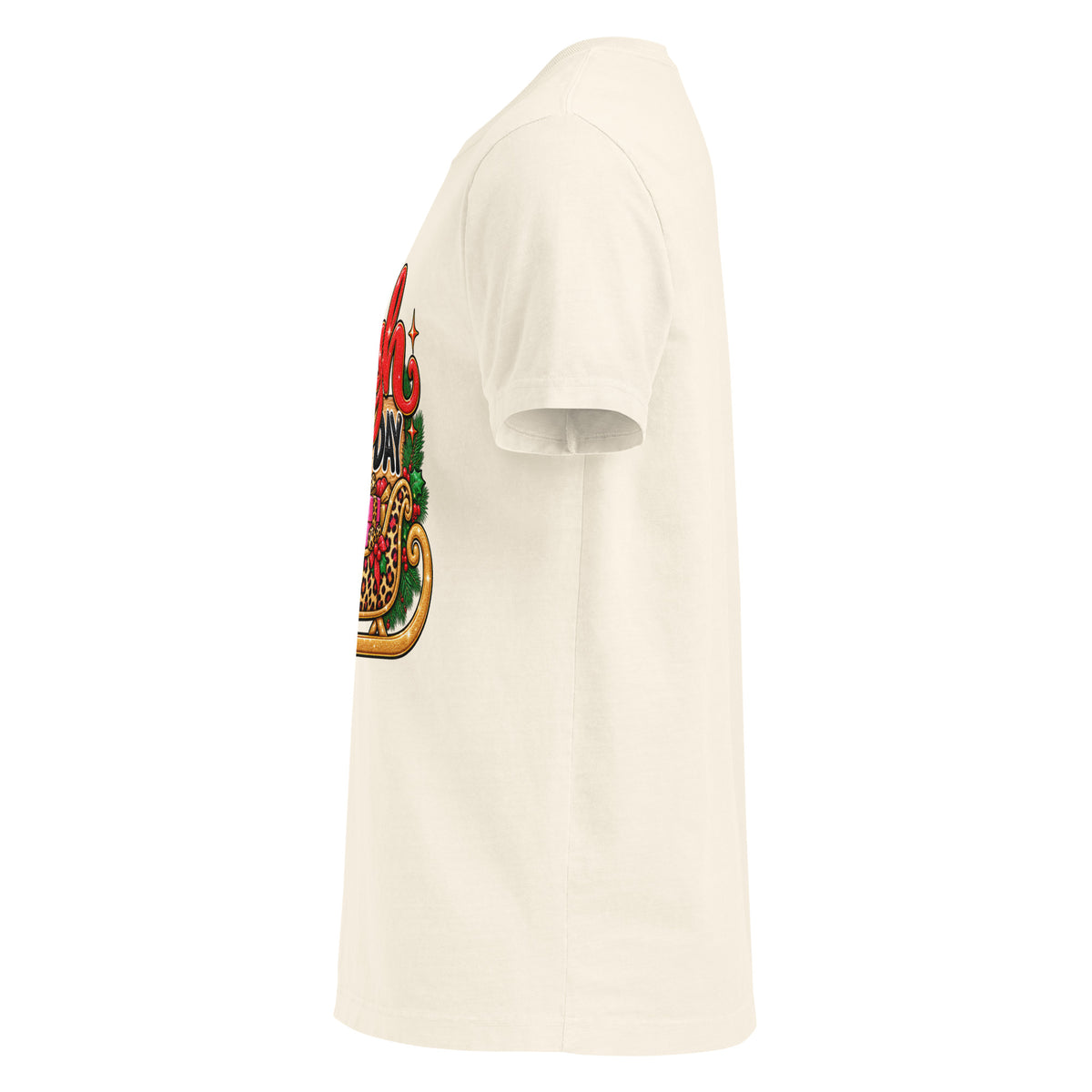 Sleigh All Day Christmas graphic T-shirt in vintage white, left side view