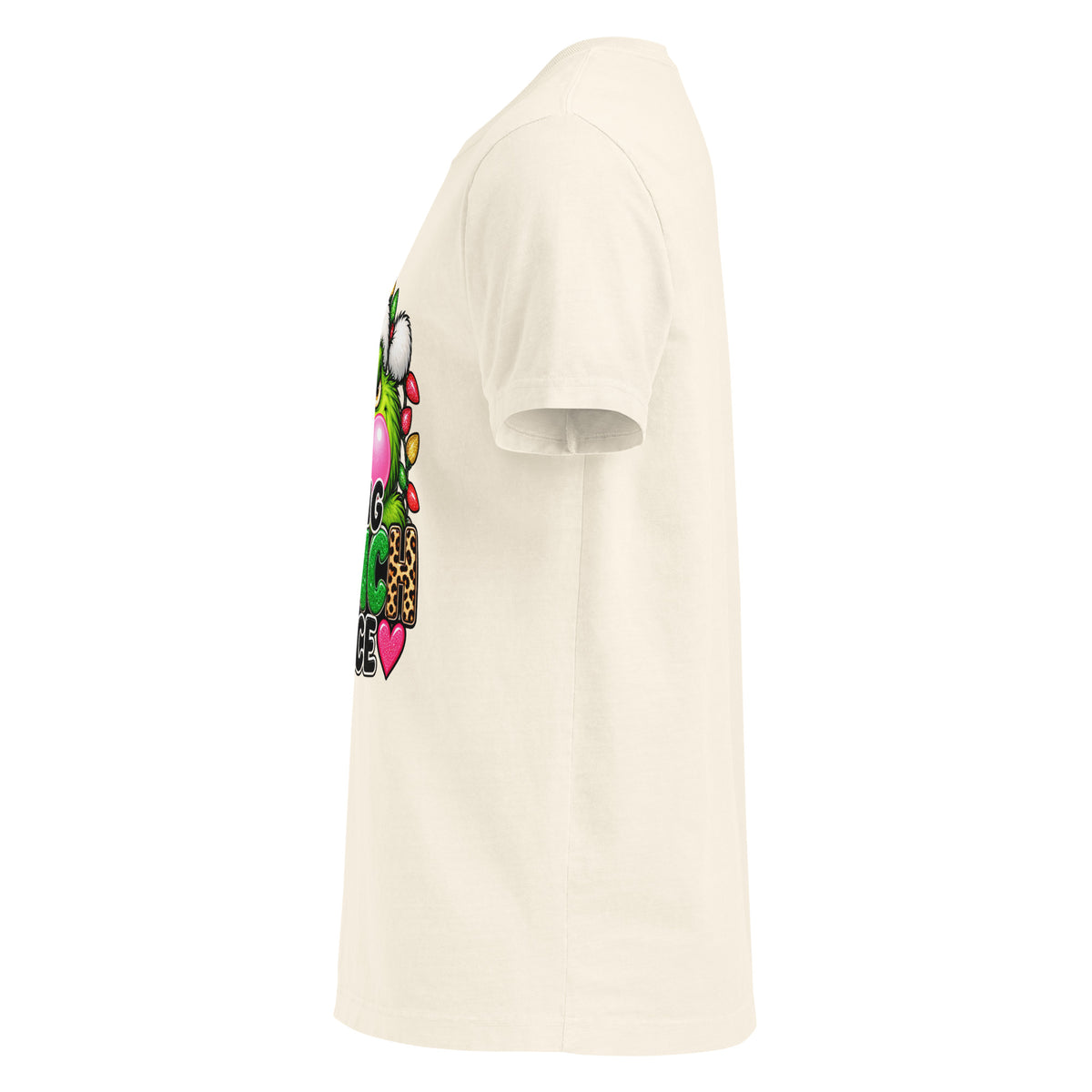 Resting Grinch Face Christmas graphic T-shirt in vintage white, left-side view.