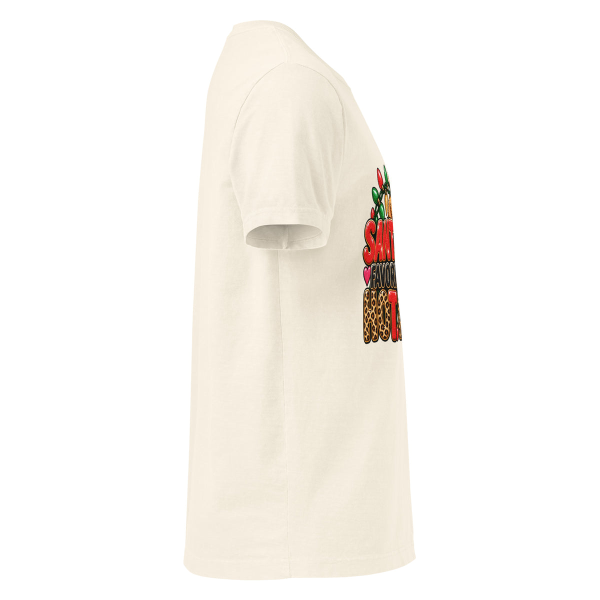 Santa’s Favorite Hot Mess Christmas graphic T-shirt in vintage white, right-side view.