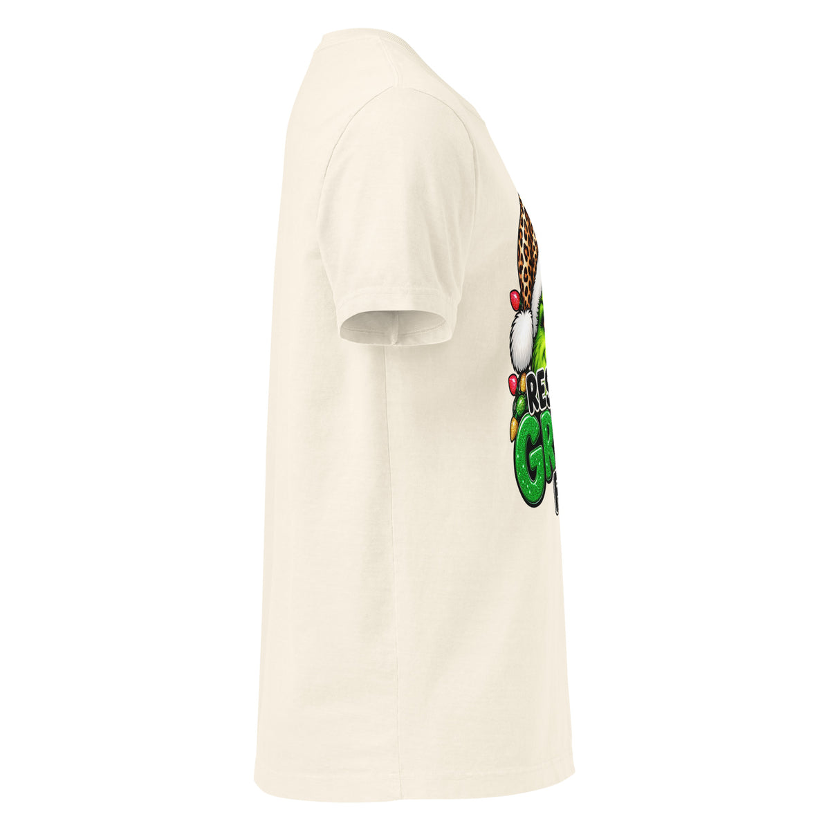 Resting Grinch Face Christmas graphic T-shirt in vintage white, right-side view.