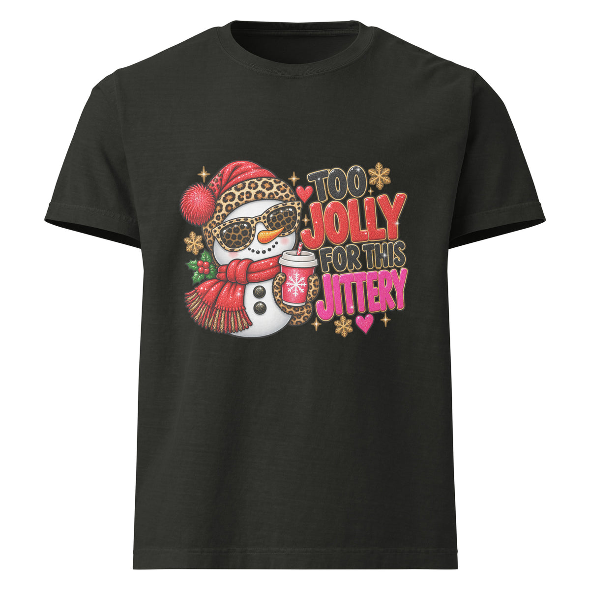 Too Jolly for This Jittery Christmas graphic T-shirt in washed black, front view.