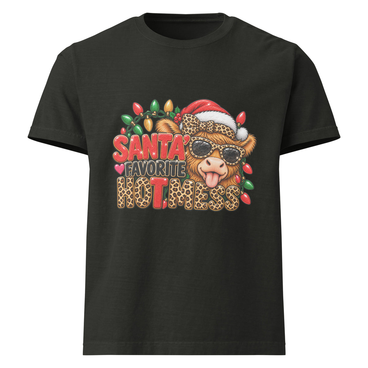 Santa’s Favorite Hot Mess Christmas graphic T-shirt in washed black, front view.
