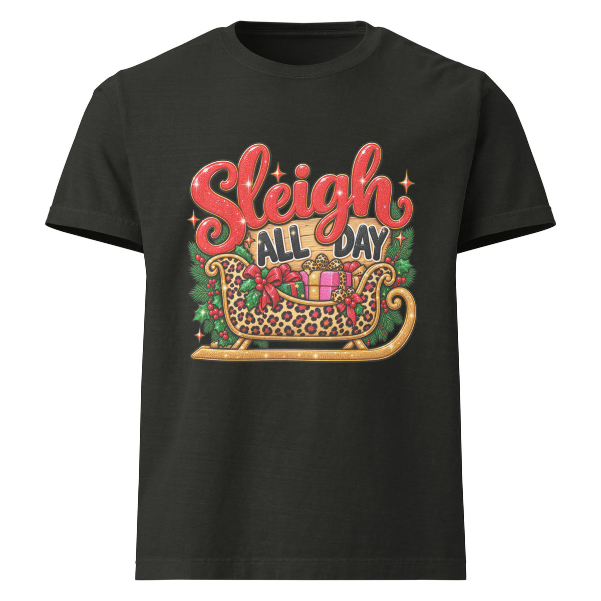 Sleigh All Day Christmas graphic T-shirt in washed black, front view
