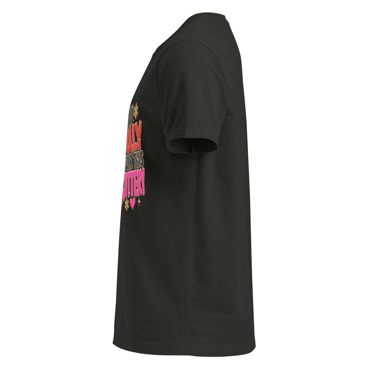Too Jolly for This Jittery Christmas graphic T-shirt in washed black, left-side view.