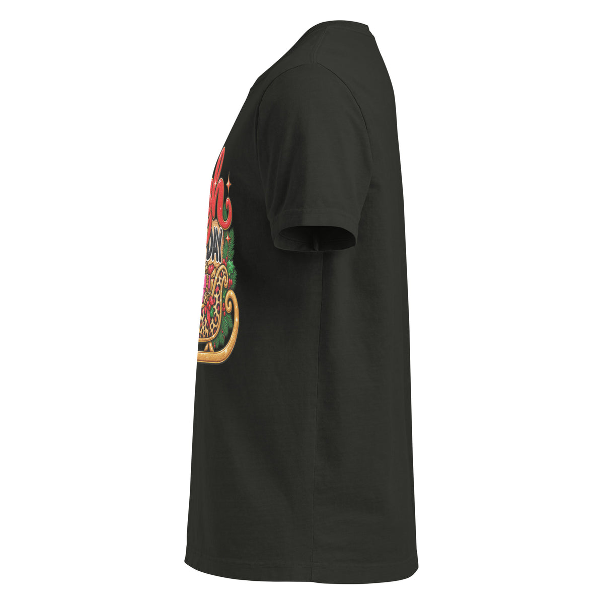 Sleigh All Day Christmas graphic T-shirt in washed black, left side view