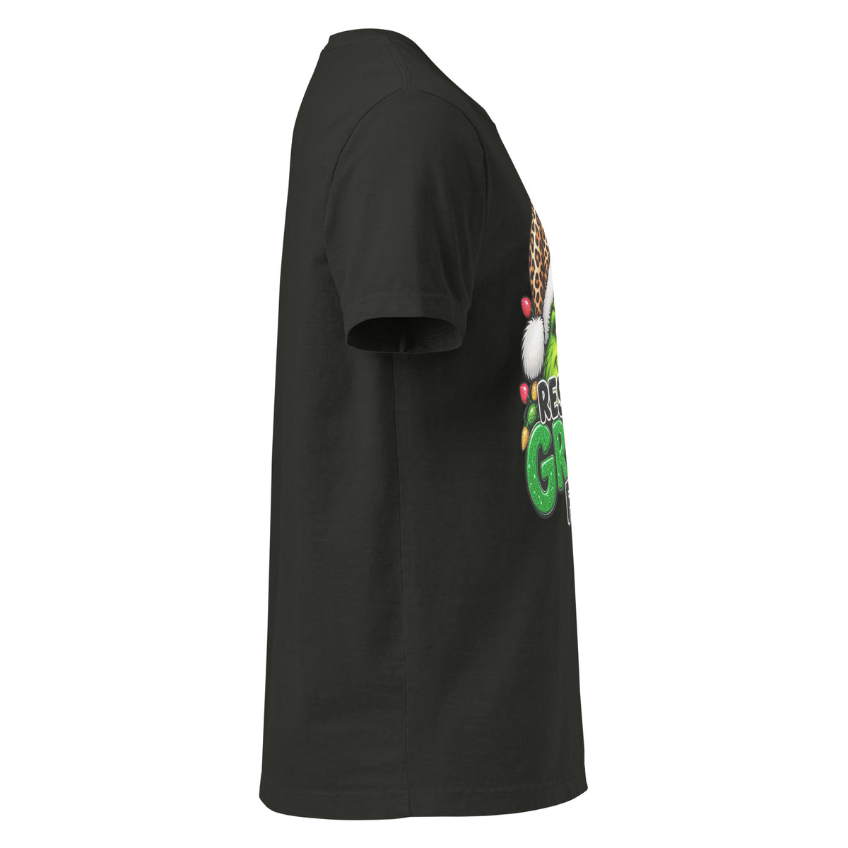 Resting Grinch Face Christmas graphic T-shirt in washed black, right-side view.