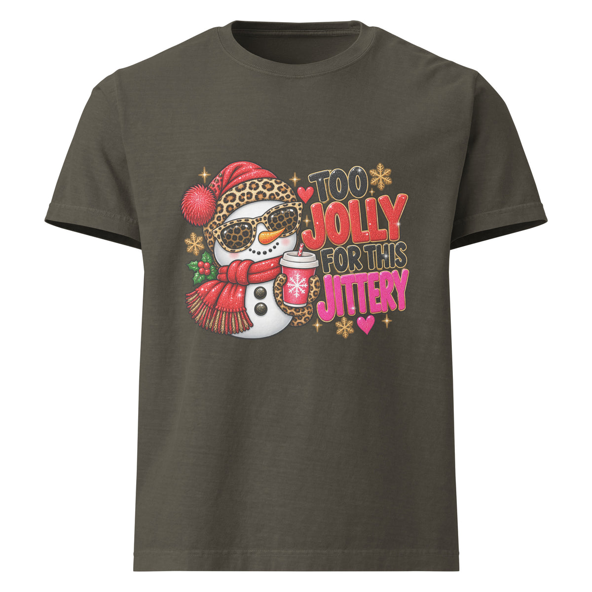 Too Jolly for This Jittery Christmas graphic T-shirt in washed charcoal, front view.