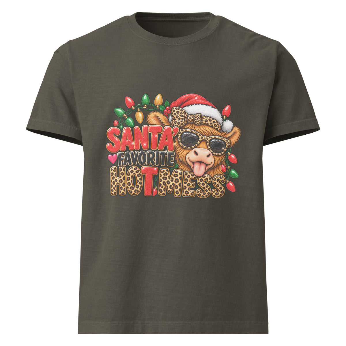 Santa’s Favorite Hot Mess Christmas graphic T-shirt in washed charcoal, front view.