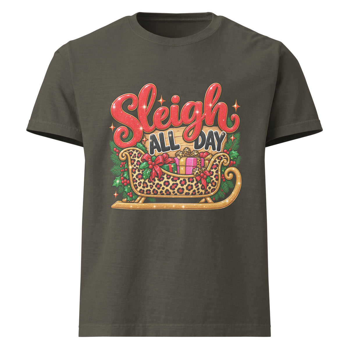 Sleigh All Day Christmas graphic T-shirt in washed charcoal, front view