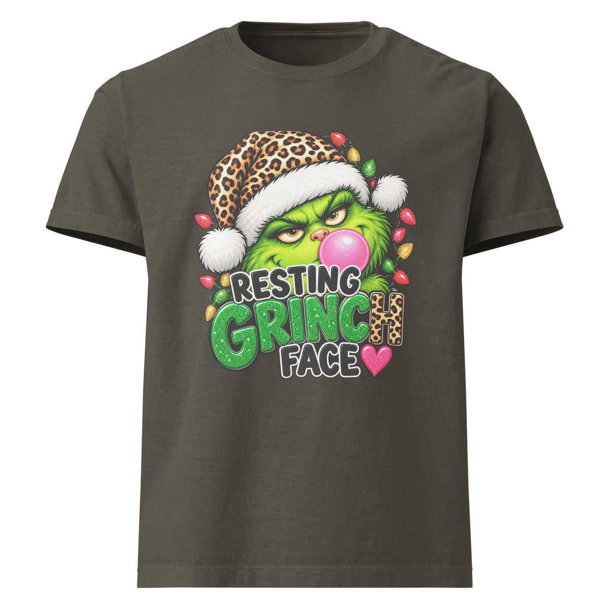 Resting Grinch Face Christmas graphic T-shirt in washed charcoal, front view.