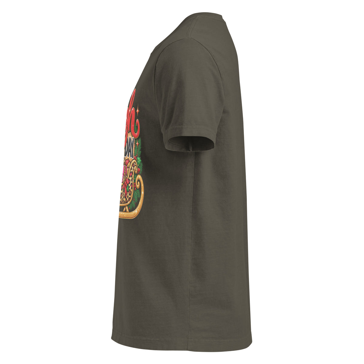 Sleigh All Day Christmas graphic T-shirt in washed charcoal, left side view