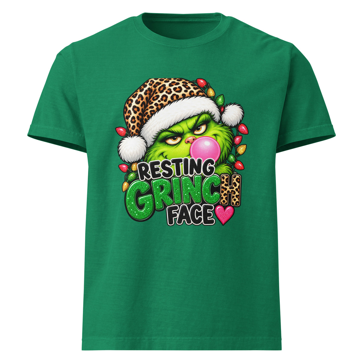 Resting Grinch Face Christmas graphic T-shirt in washed Kelly green, front view.