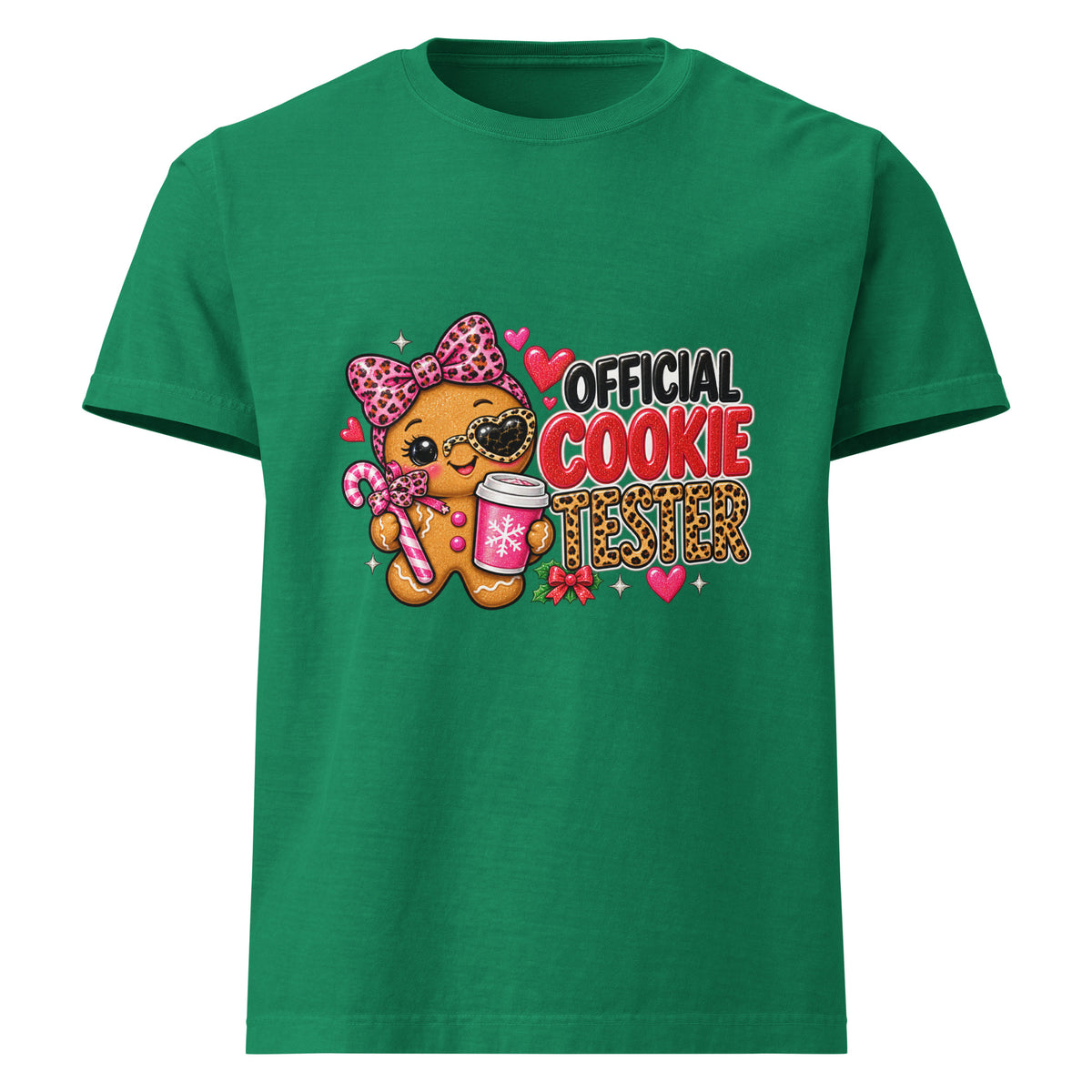 Official Cookie Tester graphic T-shirt in washed kelly green, front view