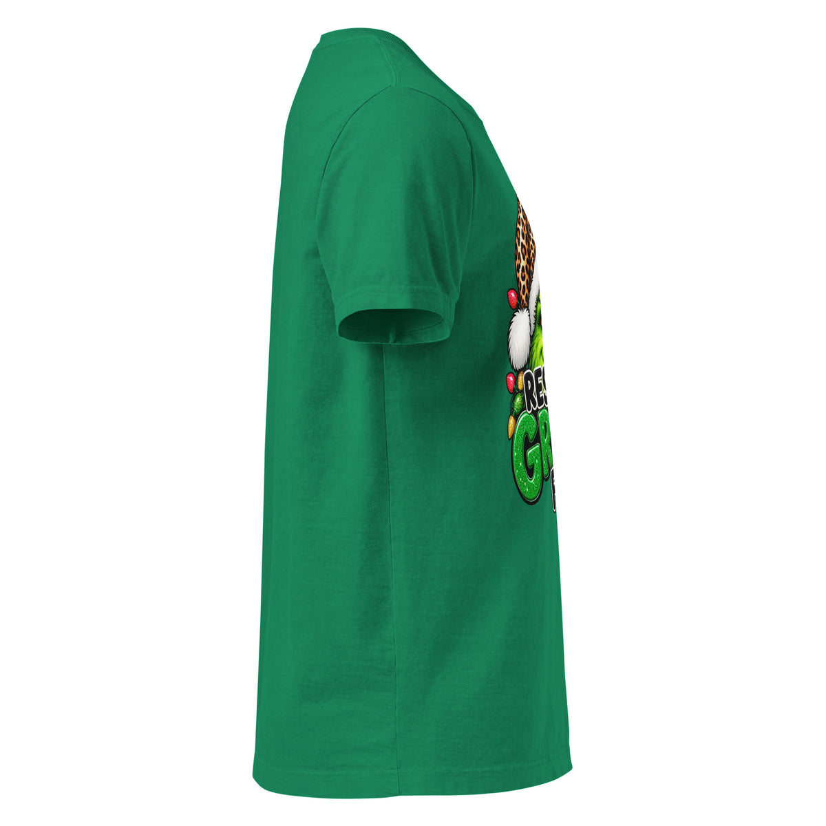 Resting Grinch Face Christmas graphic T-shirt in washed Kelly green, right-side view.