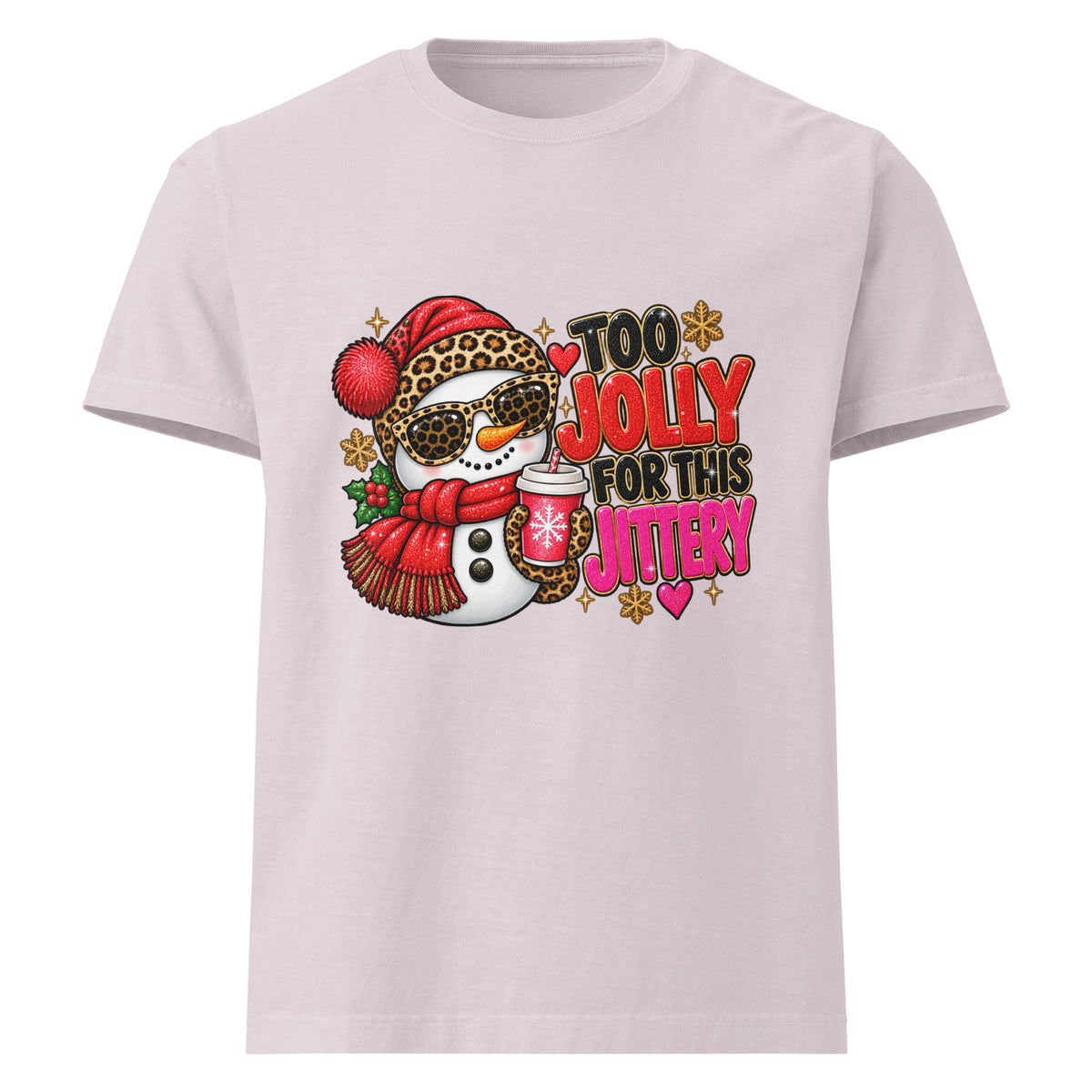 Too Jolly for This Jittery Christmas graphic T-shirt in washed lavender, front view.