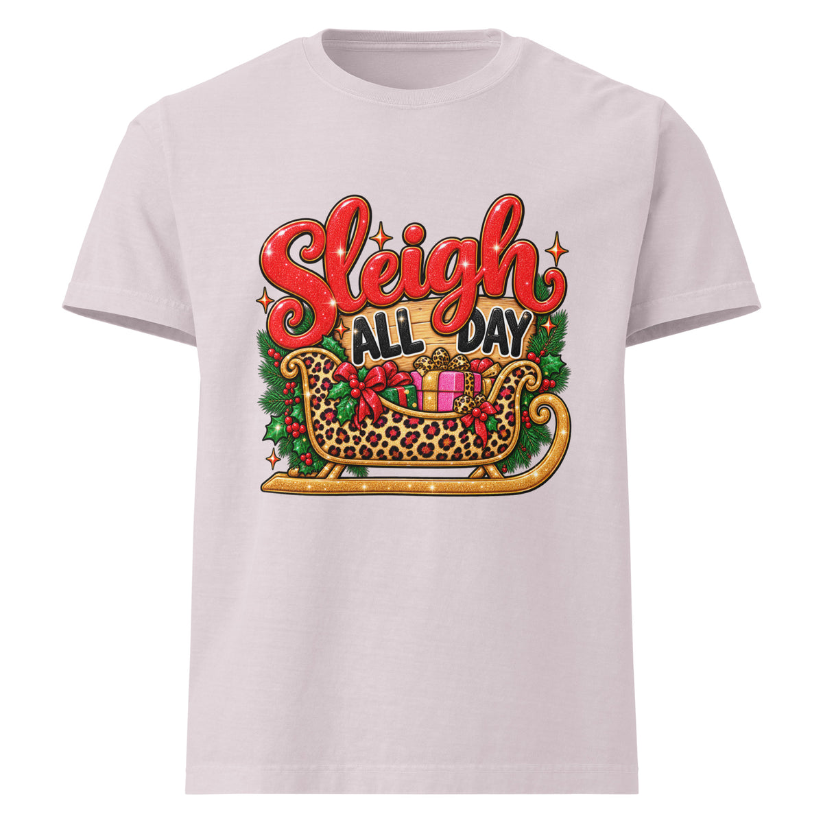 Sleigh All Day Christmas graphic T-shirt in washed lavender, front view