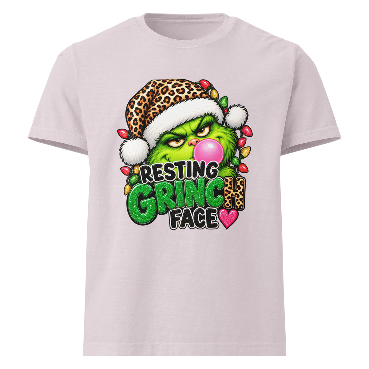 Resting Grinch Face Christmas graphic T-shirt in washed lavender, front view.