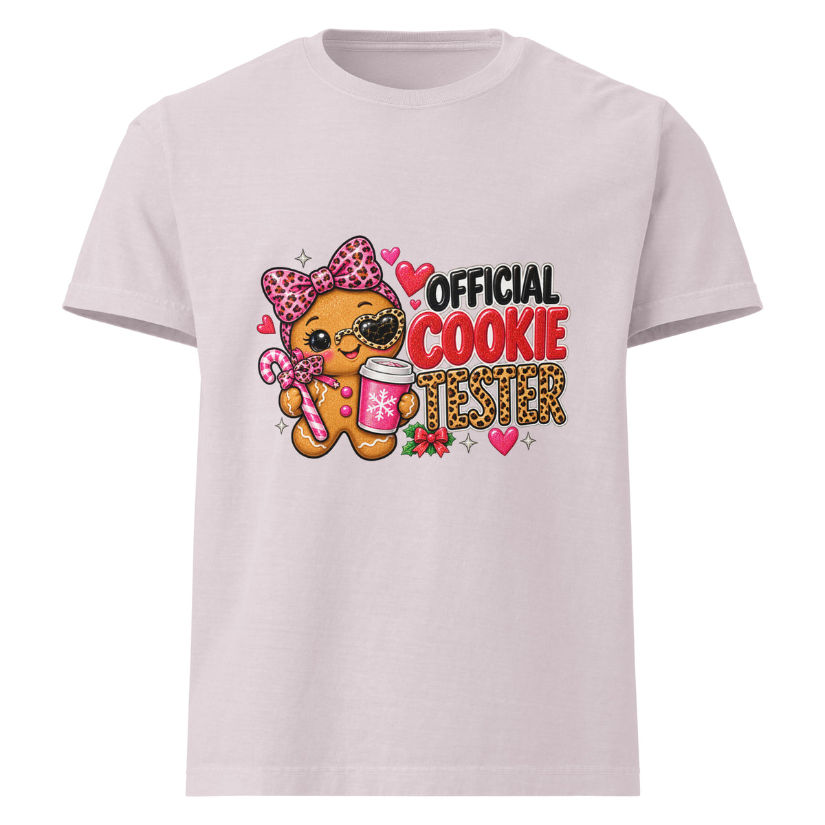 Official Cookie Tester graphic T-shirt in washed lavender, front view