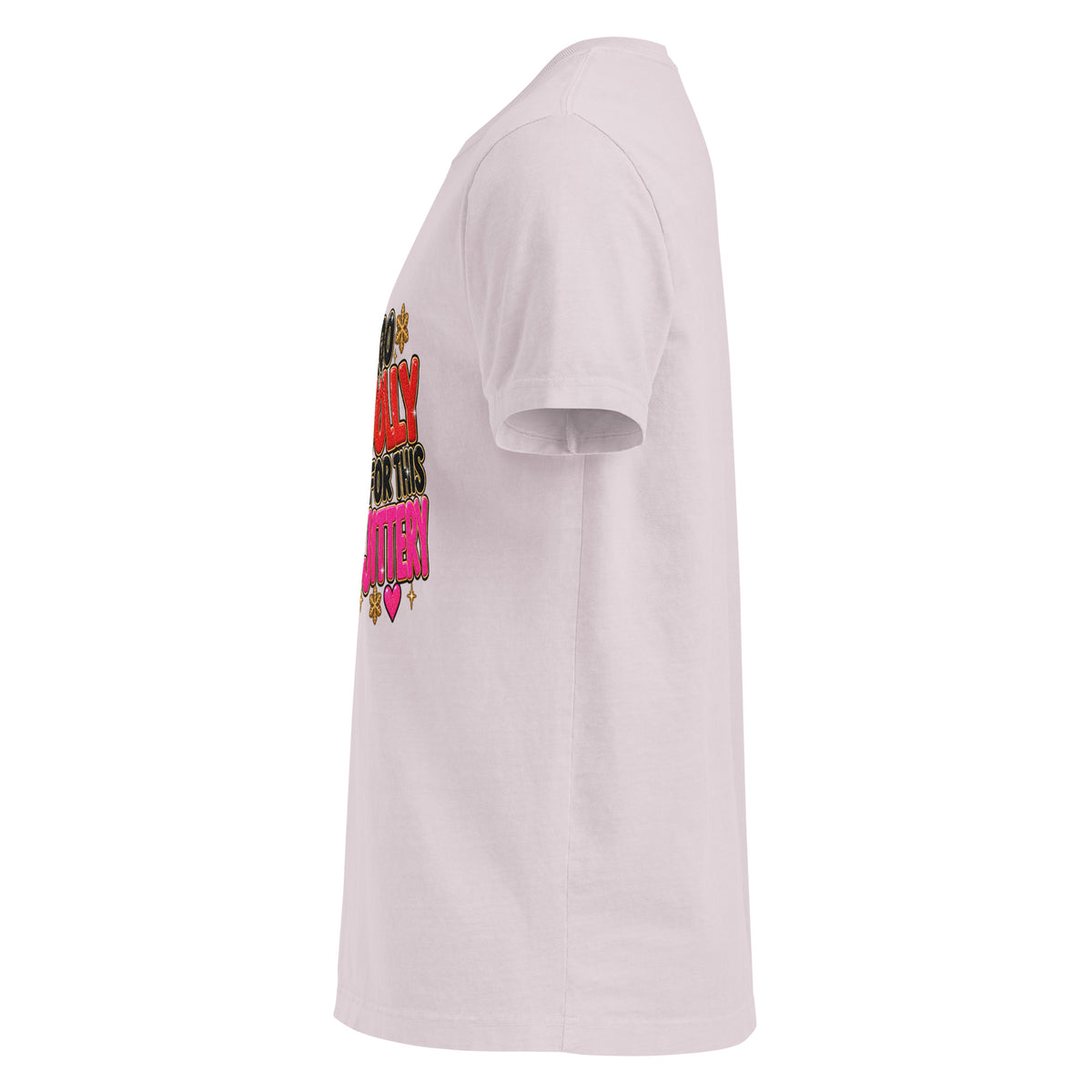 Too Jolly for This Jittery Christmas graphic T-shirt in washed lavender, left-side view.