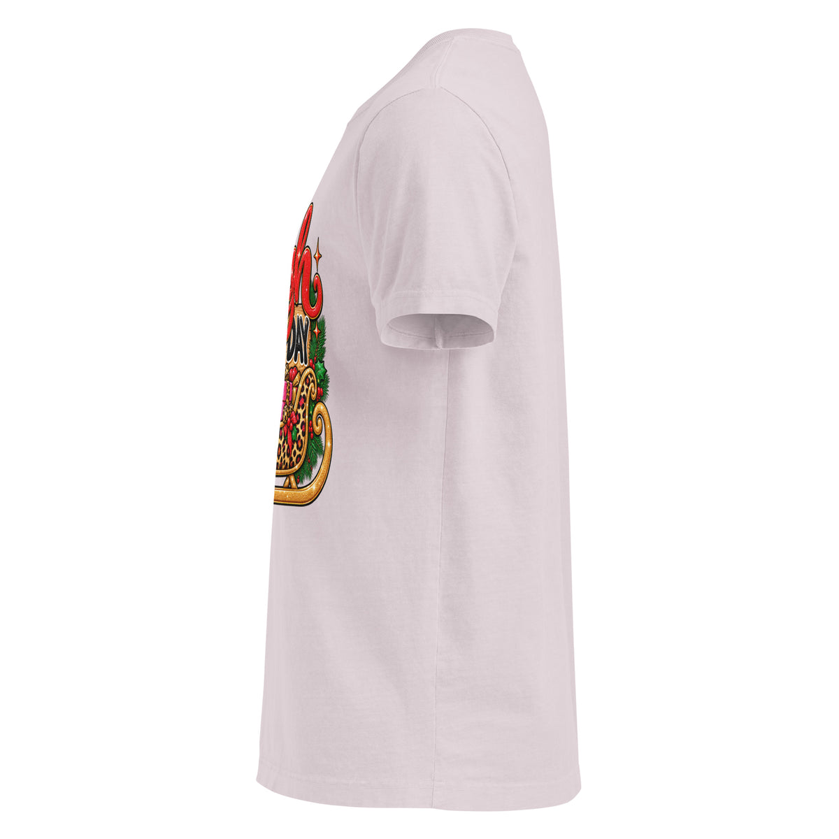 Sleigh All Day Christmas graphic T-shirt in washed lavender, left side view