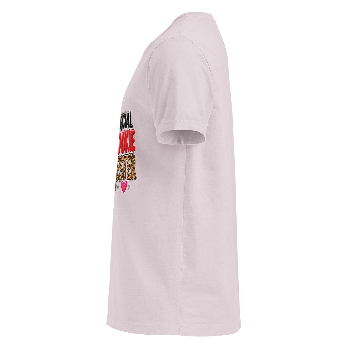 Official Cookie Tester graphic T-shirt in washed lavender, left-side view