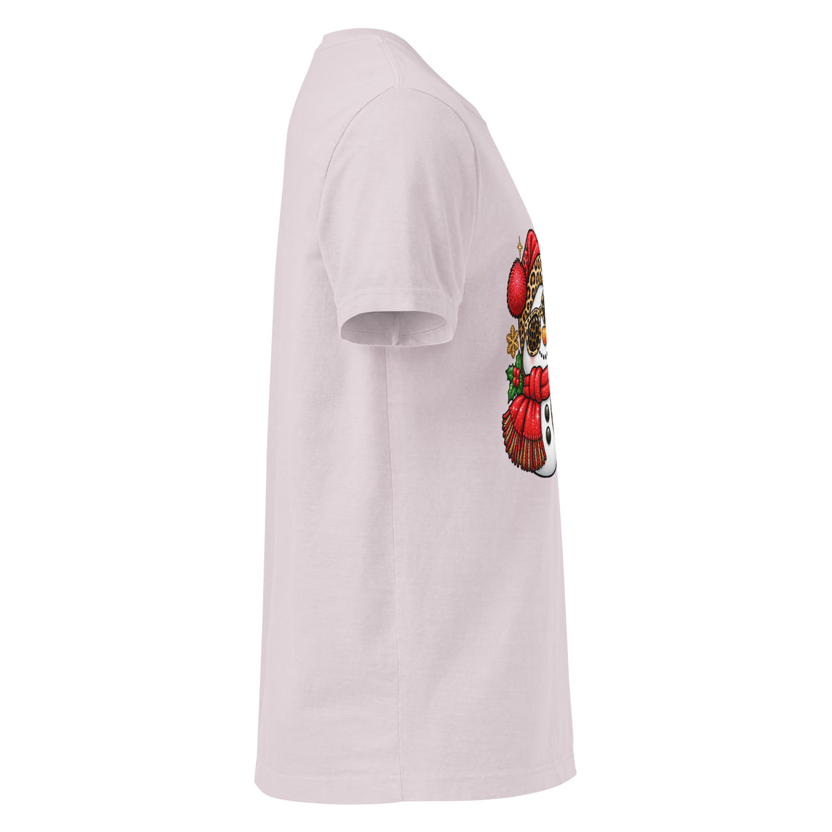 Too Jolly for This Jittery Christmas graphic T-shirt in washed lavender, right-side view.