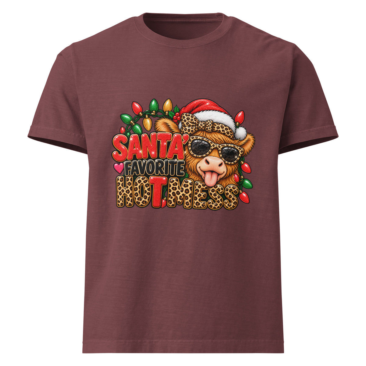 Santa’s Favorite Hot Mess Christmas graphic T-shirt in washed maroon, front view.