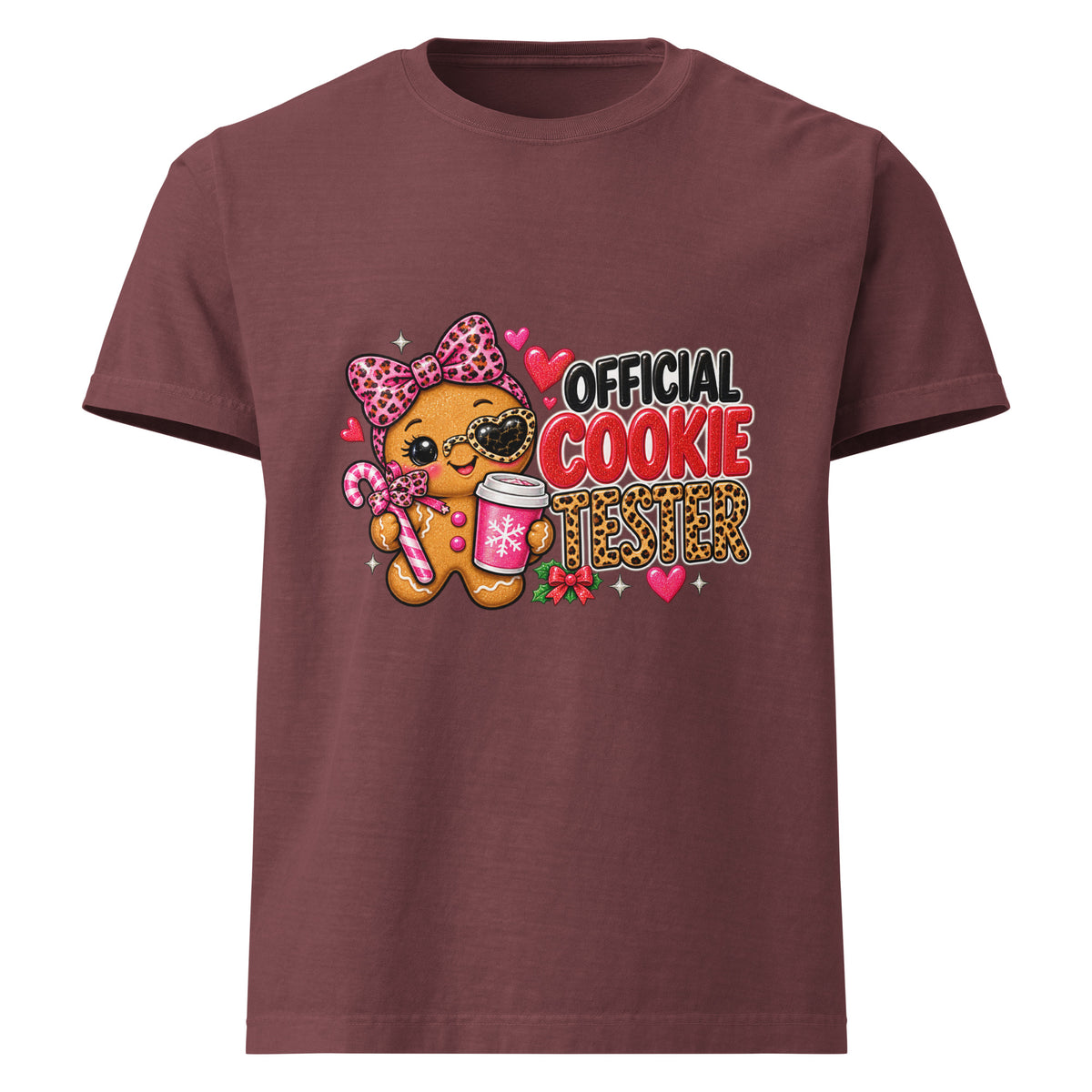 Official Cookie Tester graphic T-shirt in washed maroon, front view