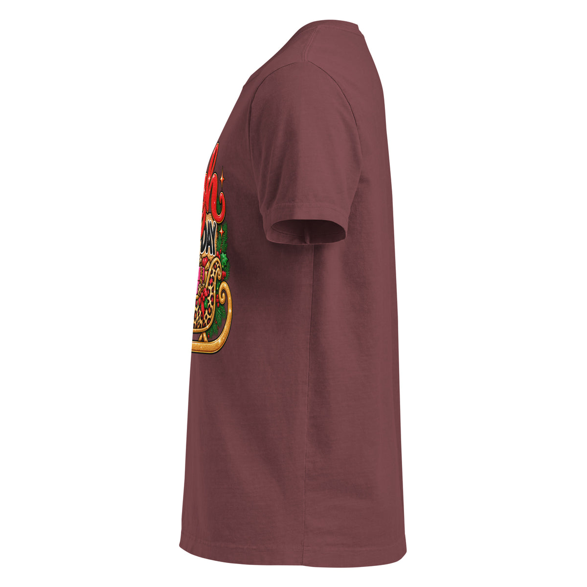 Sleigh All Day Christmas graphic T-shirt in washed maroon, left side view