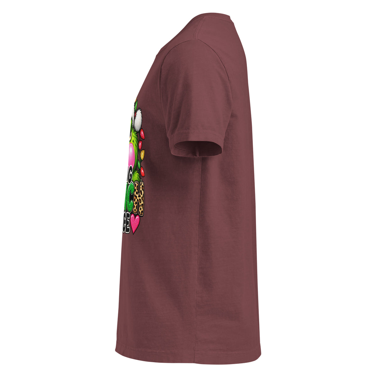 Resting Grinch Face Christmas graphic T-shirt in washed maroon, left-side view.