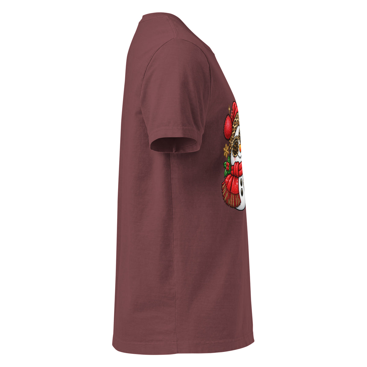 Too Jolly for This Jittery Christmas graphic T-shirt in washed maroon, right-side view.